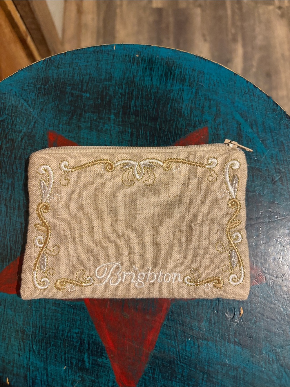 Brighton Beige and Gold Embroidered Canvas Cosmetic Case